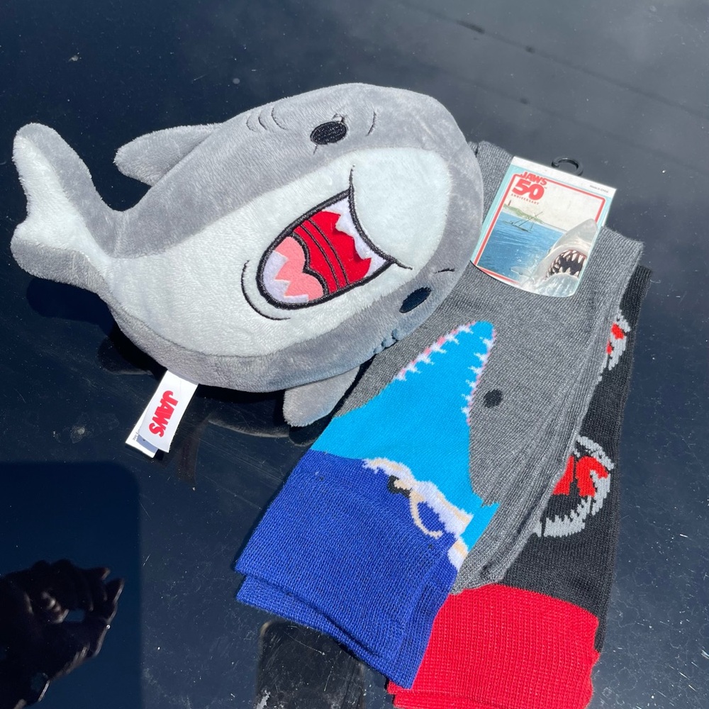 2 pair Jaws socks and Jaws plushie